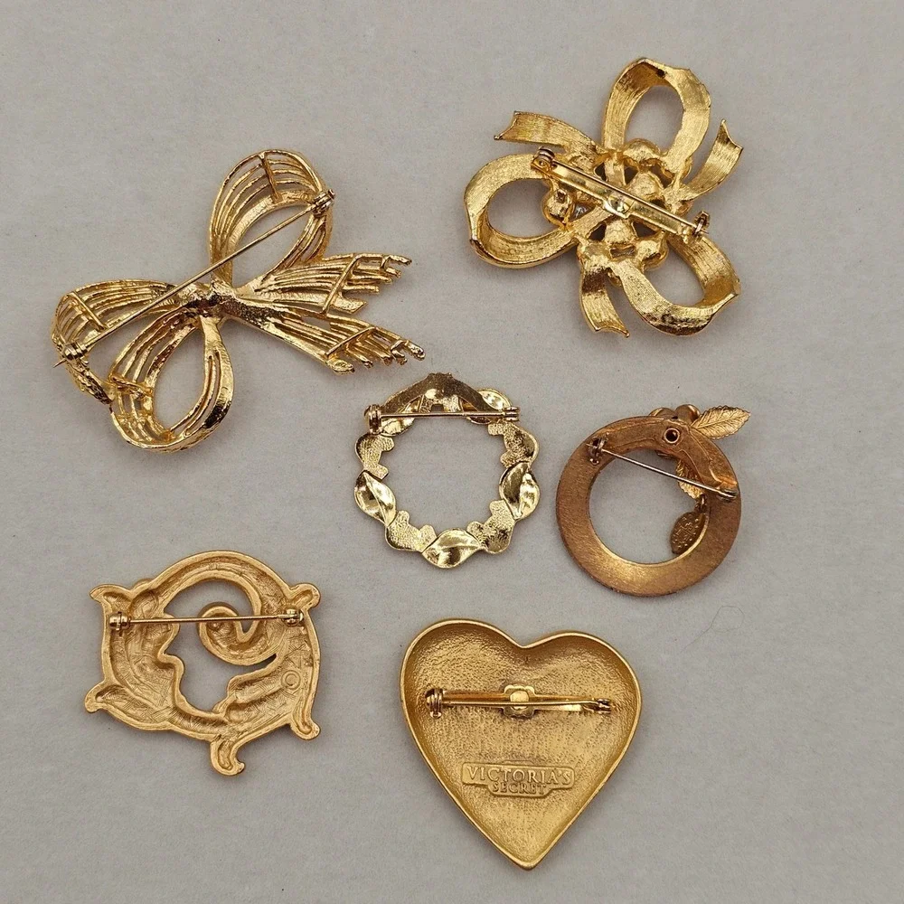 Vintage‎ Brooch Pin Lot 6pc Gold Tone Heart Bow Faux Pearl Floral Classic